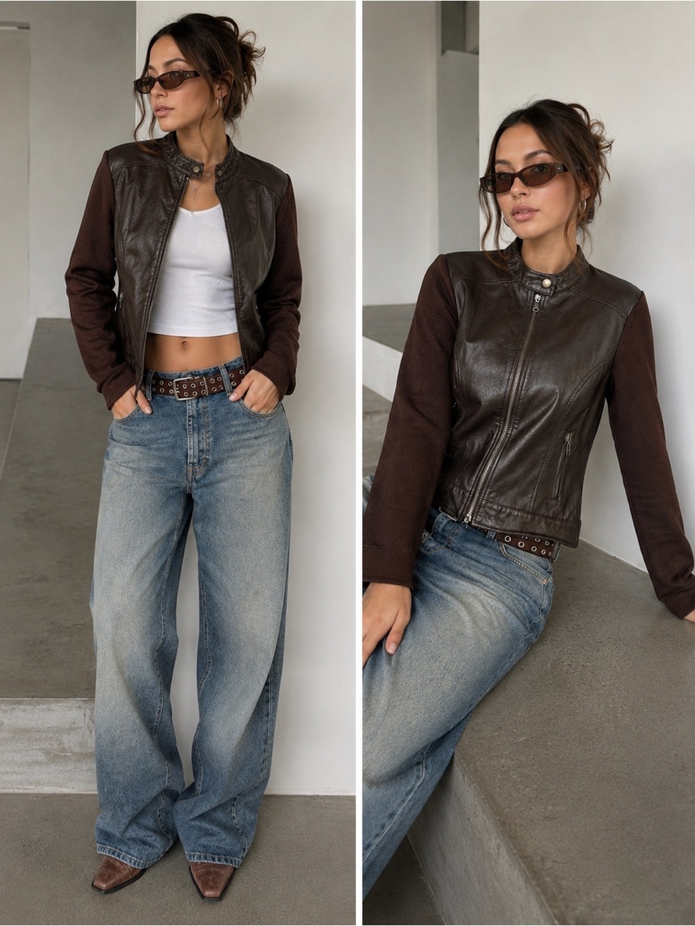 Maurice Sasson Leather Moto Jacket with Knit Sleeves - Brown Sz L